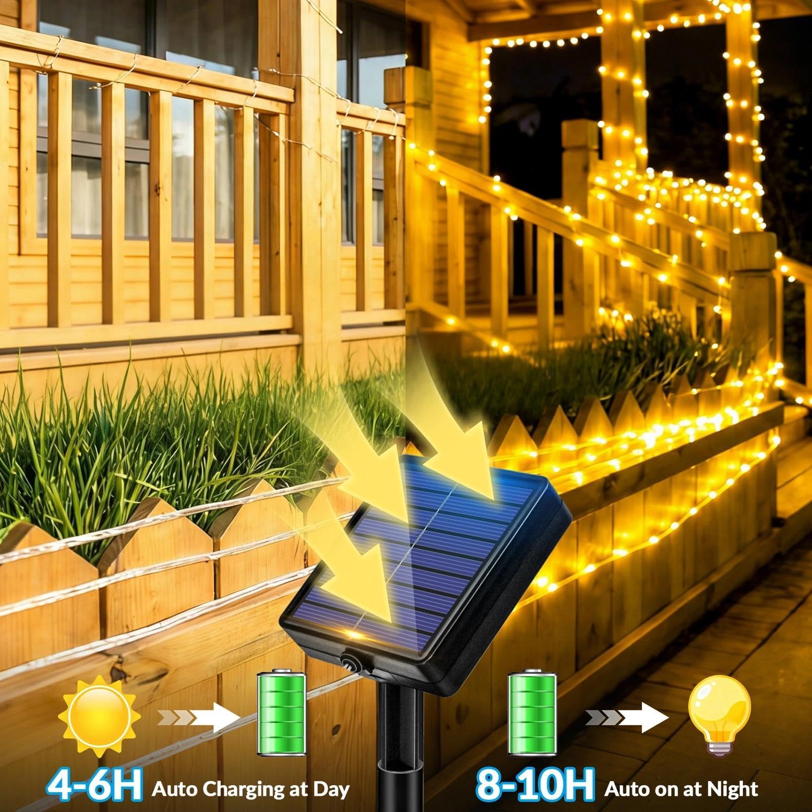 Solar-Lichterkette, 6 m, 60 LEDs, Solar-Lichterkette mit 8 Beleuchtungsmodi, IP65 wasserdichte Lichtleiste für den Außenbereich, für Garten, Hof, Terrasse, Deck, Zaun, Baum, Party, Urlaub