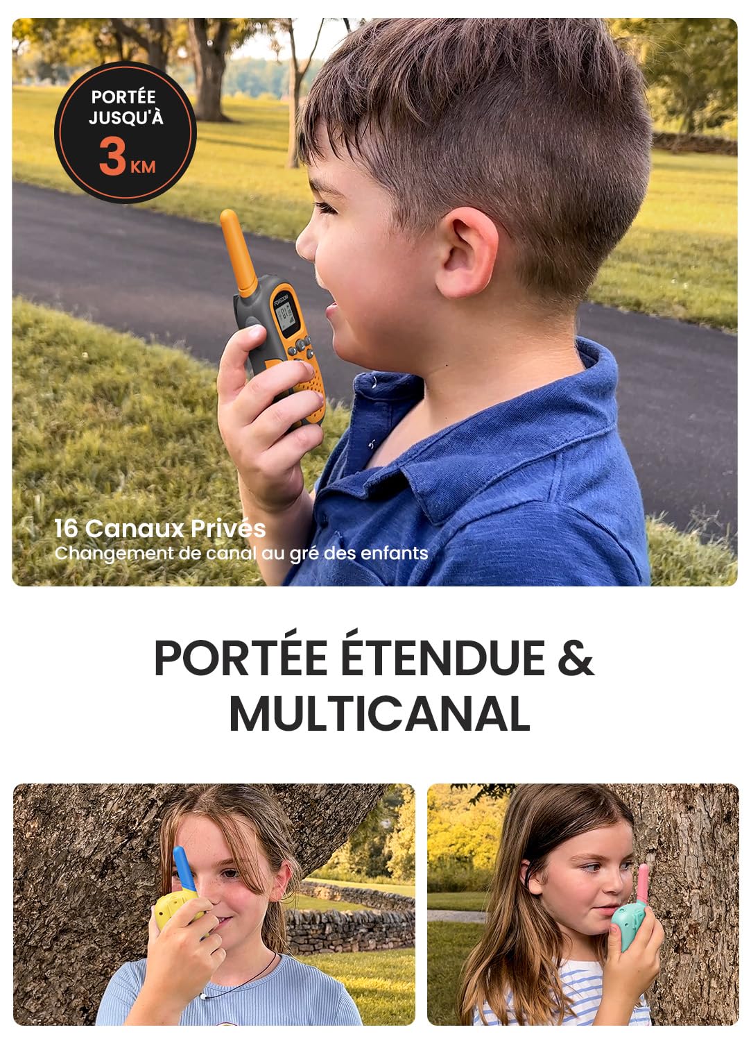 FOREDOM Talkie Walkie Enfants Rechargeable, Talkie-Walkie Longue Portée pour Garçons & Filles de 3-12 Ans avec Lampe, Lot de 3