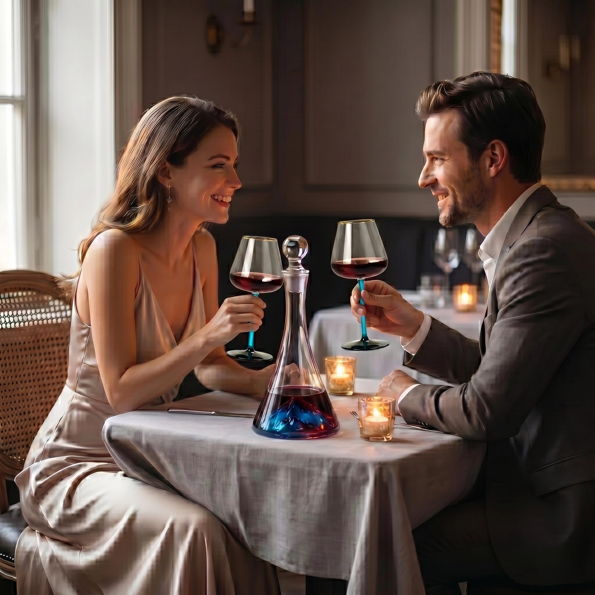 1150ml Carafe à Vin avec 2 Verres à Pied Bleu et Bouchon, Décanteur à Vin Rouge en Cristal Sans Plomb avec Montagne 3D, Coffret Cadeau Luxe pour Anniversaire et Mariage