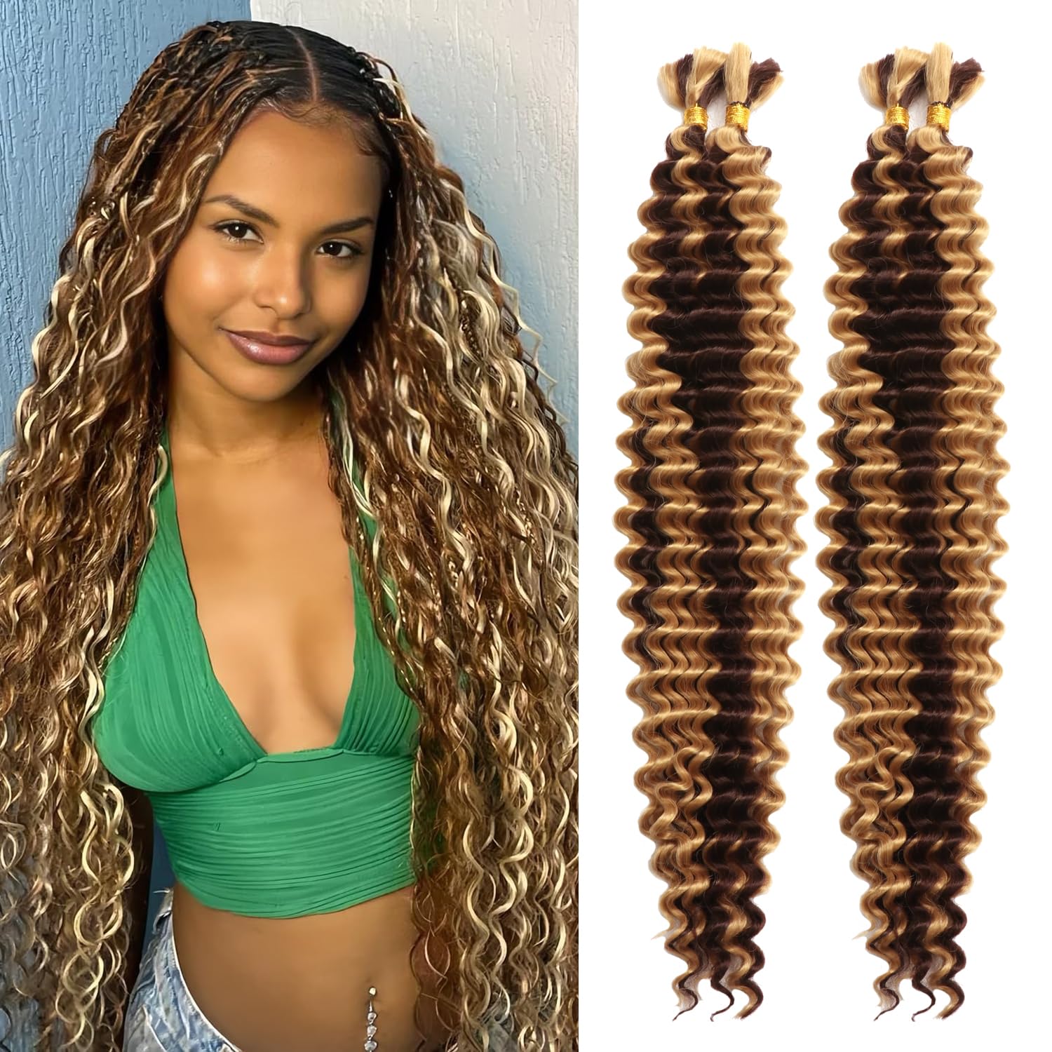 Curly Braiding Hair for Boho Braids Synthetic Deep Wave Bulk No Weft Wet and Wavy Crochet Hair for Women Knotless Braids Hair Extensions (P4/27#
