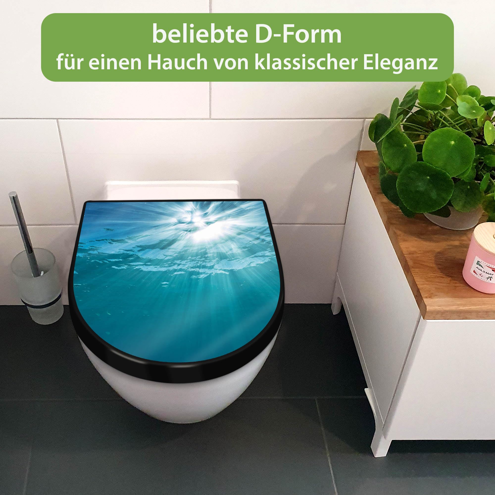 banjado WC Sitz mit Absenkautomatik D Form - Toilettendeckel mit Absenkautomatik D Form - Klodeckel Softclose - stabile Klobrille - Toilettensitz Schwarz - Motiv Unter der Oberfläche