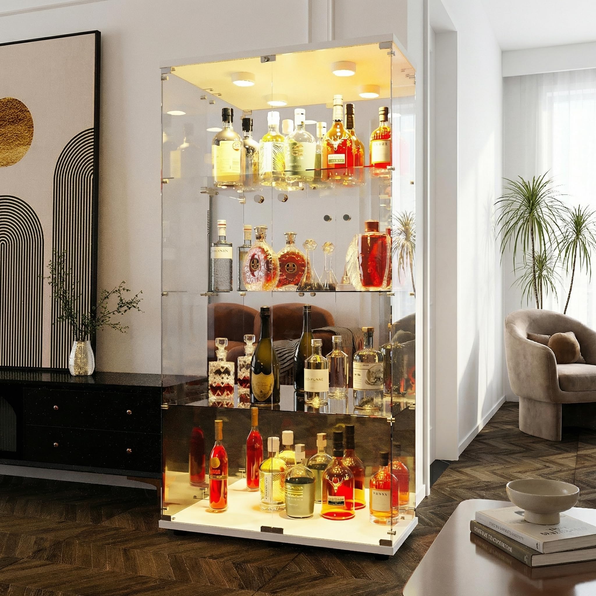 65" Glass Display Cabinet with LED and Lock,4-Shelves Display Cabinets with Glass Doors,Frameless Glass Display Cabinets for Collections,Showcase Cabinet for Living Room,Office,mirror surface, White
