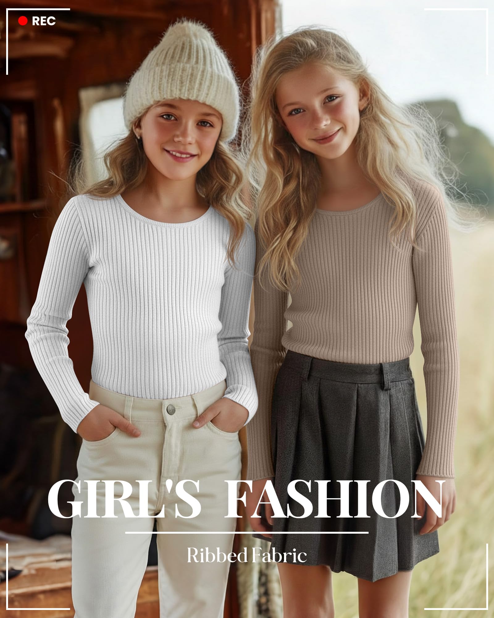 Clabby 3 Pack T-Shirts Fille Coton Côtelé Manches Longues