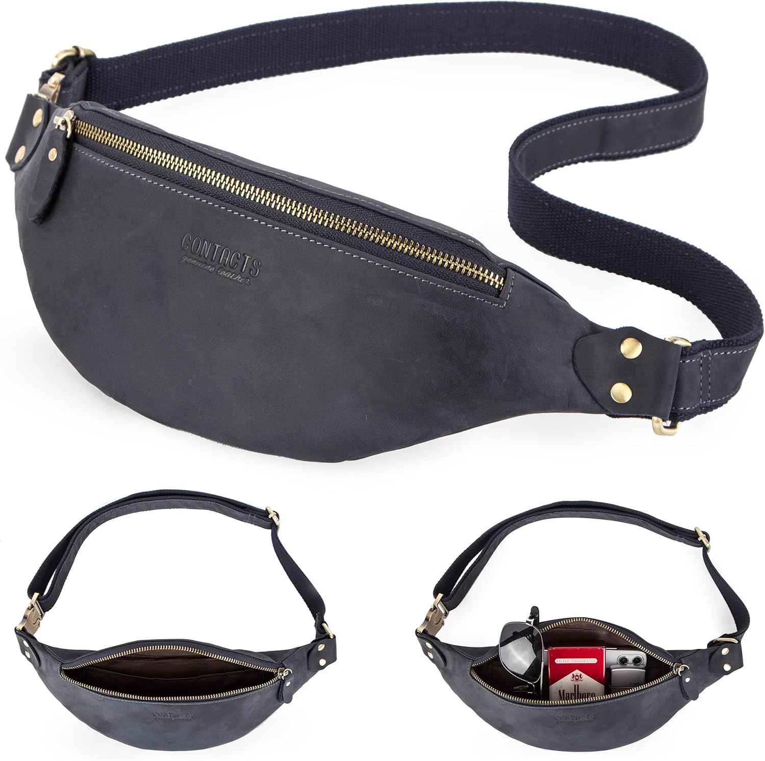 Top Grain Genuine Leather Slim Fanny Pack for Man & Woman, Minimalist Vintage Design, Handmade with Detachable Hardware, Slim Waist Bag Small Crossbody Belt Bag for Traveling or Riding, Blue