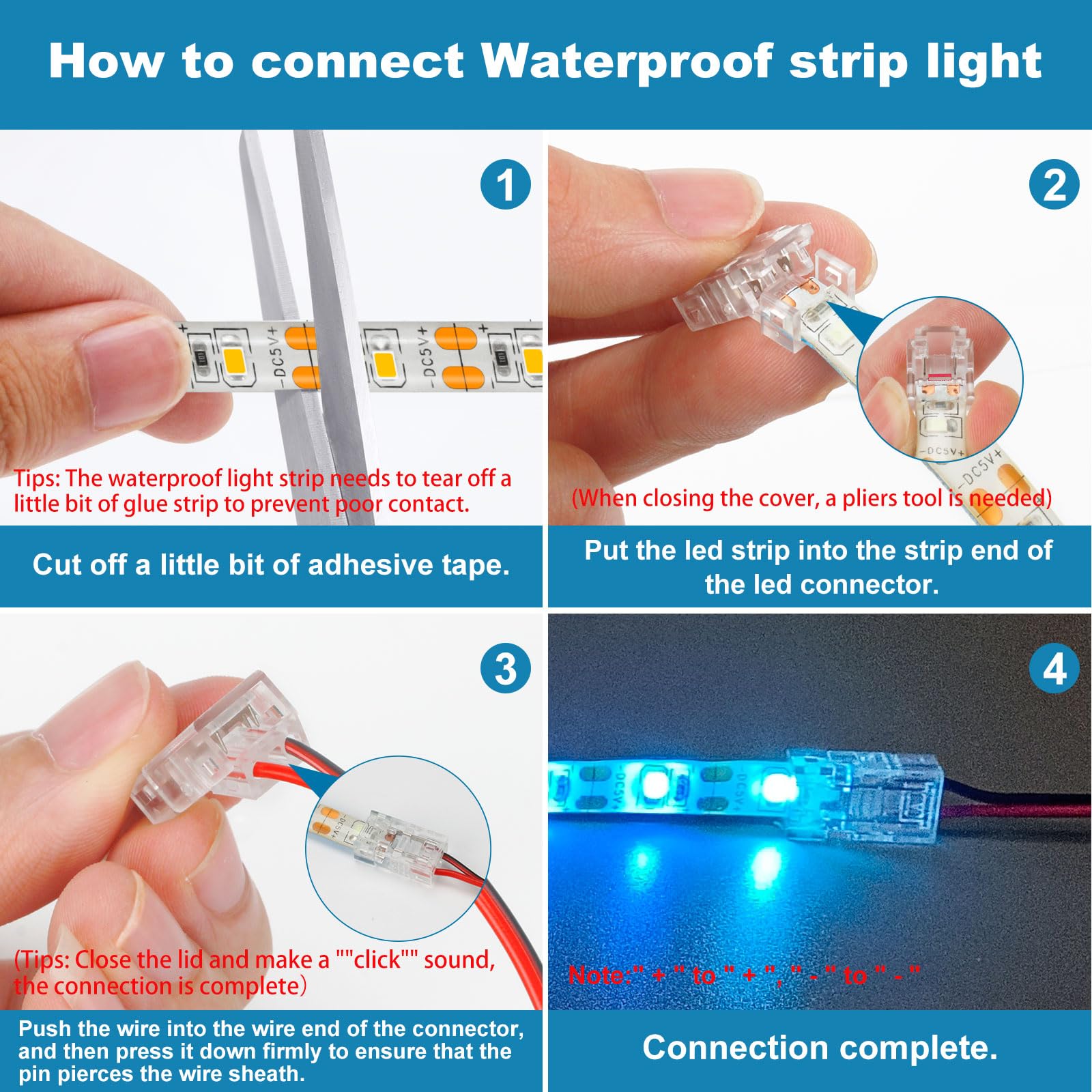 VIPMOON 20-Pack 2Pin 8mm LED Strip Connectors for 8mm Waterproof or Bare Board COB/SMD Single Color LED Strip - Image 4