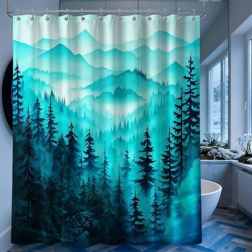 Miniatura 105 de Cortina de ducha azul marino de bosque Cortina de ducha azul oscuro de montaña y naturaleza para decoración de baño de hombres, tela impermeable con