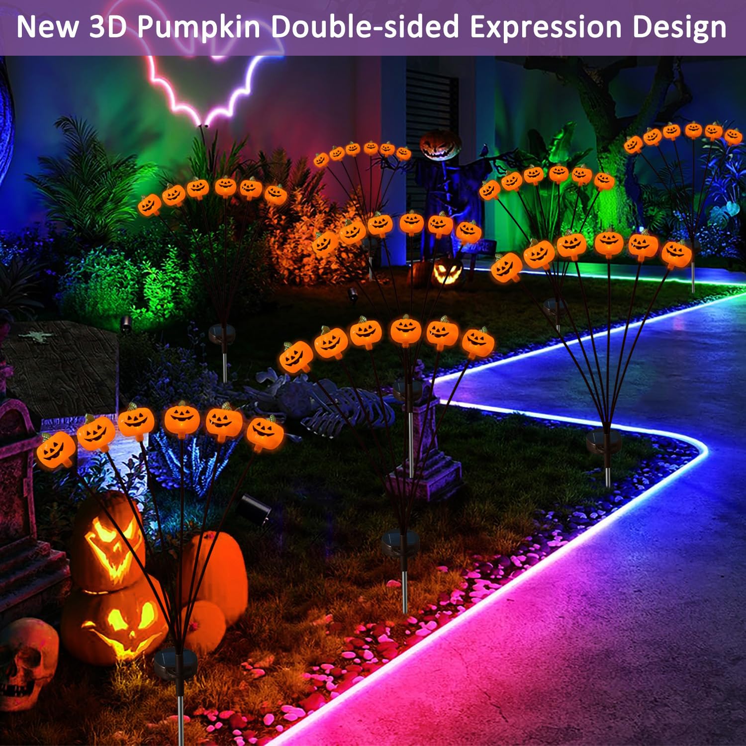 2-Pack Halloween Pumpkin Solar Garden Lights – 6 LED Pumpkin Stake Lights For Pathway & Yard