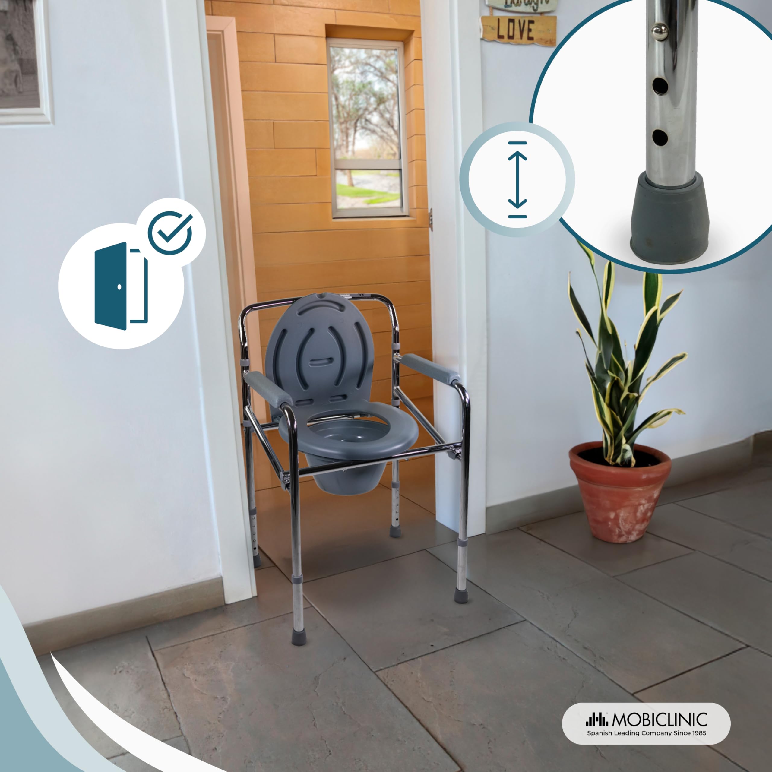 Mobiclinic®, Chaise percée, Pot, Acier, Réglable en hauteur, Puente, Toilette avec couvercle, Accoudoirs rembourrés, Pieds antidérapants, Máx. 100 Kg, Gris