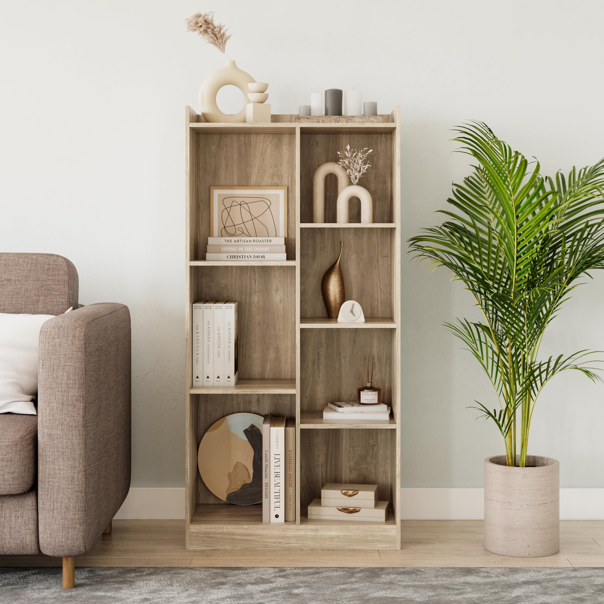 URBNLIVING Tall Wooden 7 Compartment Cube Bookcase Storage Unit for Office Living Room, Bedroom Shelving (Oak)