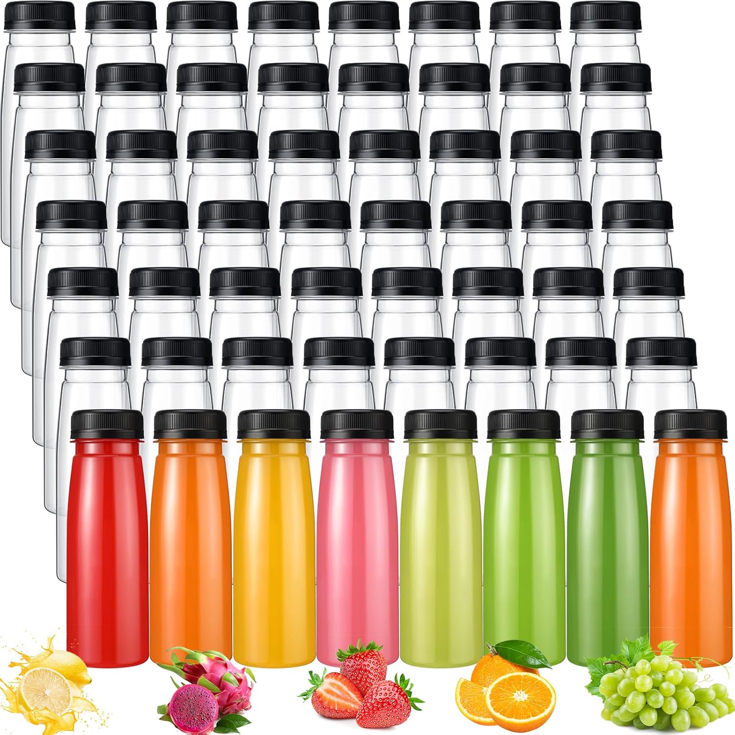 Tanlade 100 Pcs Plastic Juice Bottles with Caps Refrigerator Drink Container with Lid Clear Reusable Beverages Bottles for Juices, Milk, Tea, Fridge Storage, Take out (Black Cap,6 oz)