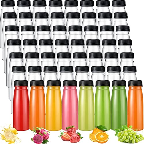 Tanlade 100 botellas de plástico para jugos con tapas, recipientes transparentes reutilizables para bebidas, botellas vacías para jugos caseros,