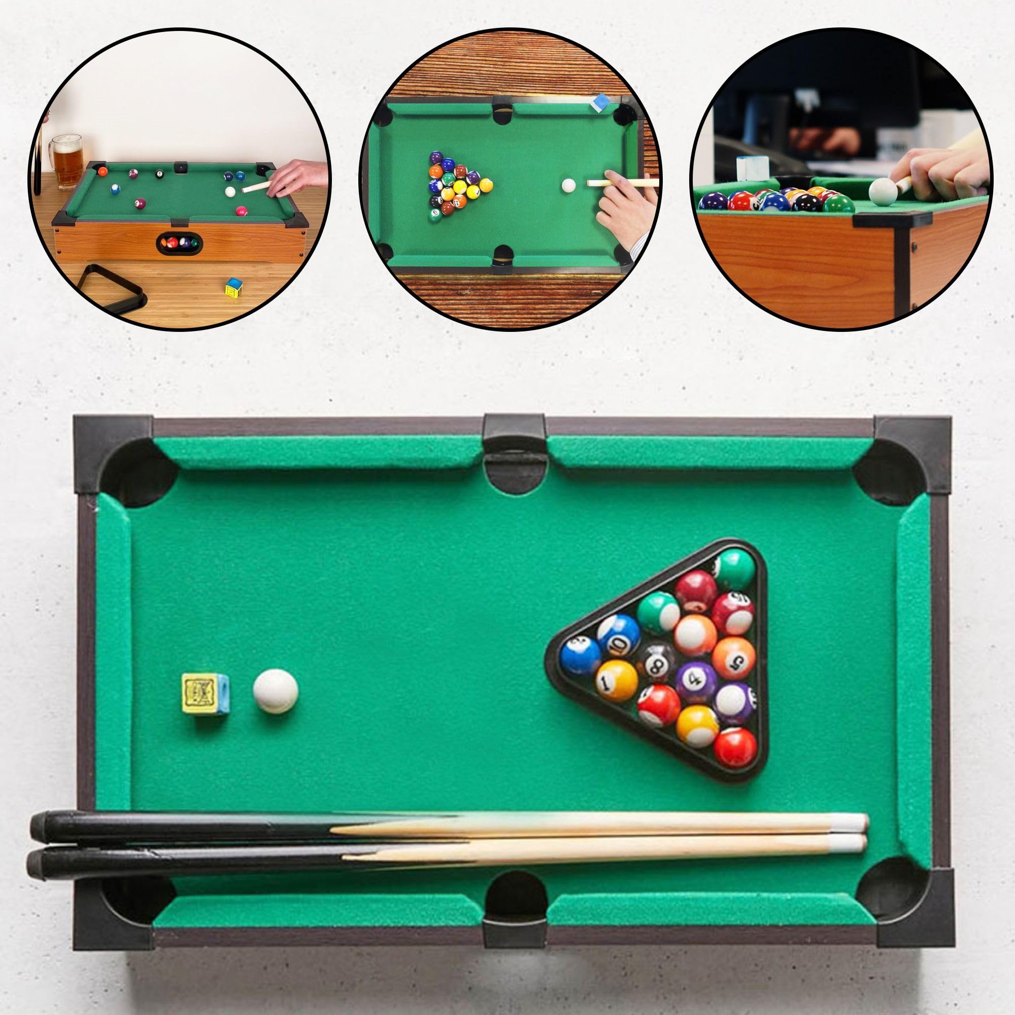 FISHTEC Mini-Billardtisch, mobiler Billardtisch, grüner Filz, 2 Queues, 16 Kugeln, 51 x 34 x 9,5 cm