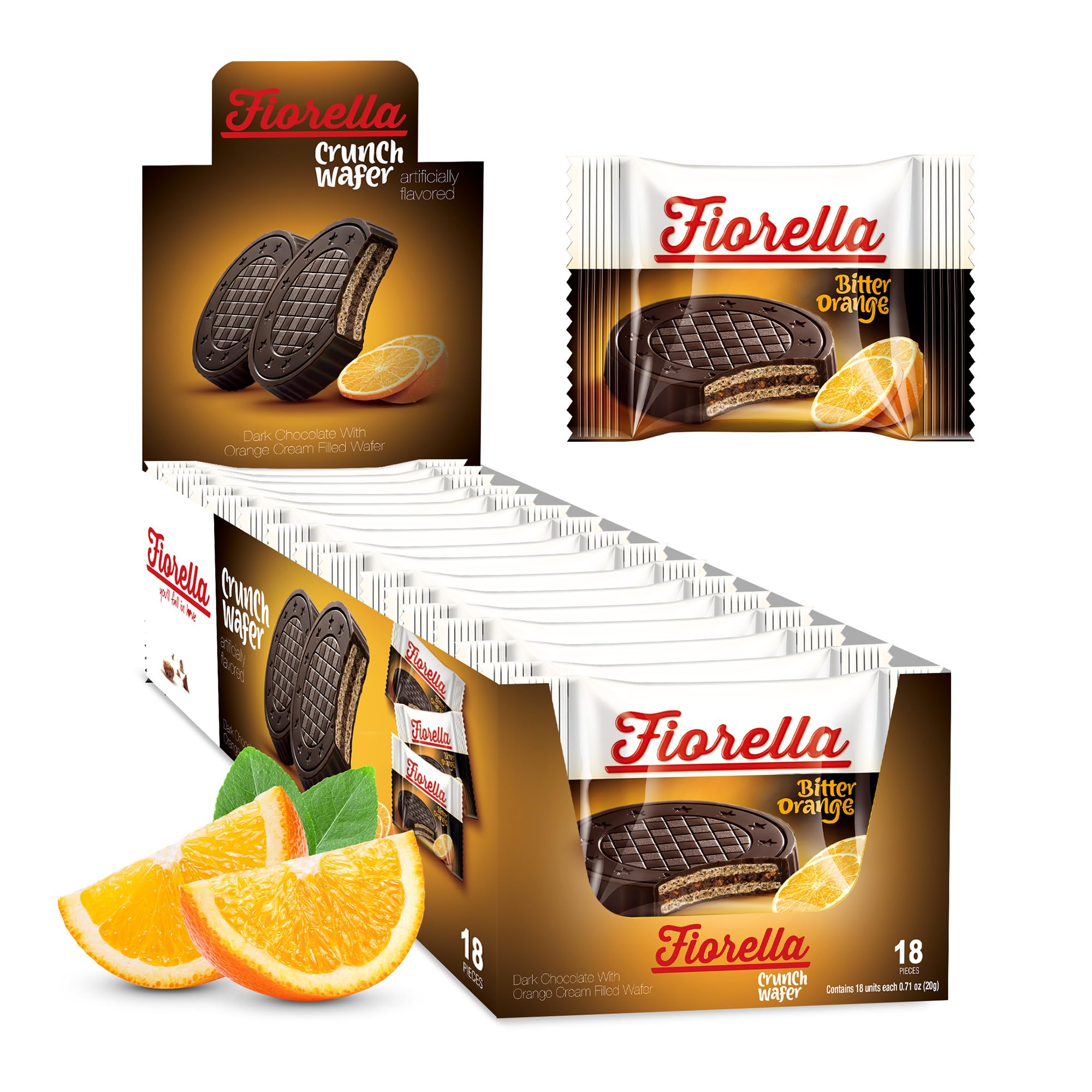 Fiorella Crunch Wafer Cookies, Dark Chocolate Covered Crispy Thin Crunch Wafers with Orange Cream Filling, Chocolate Biscuits, 18 Individually Wrapped Snacks, Pack of 1