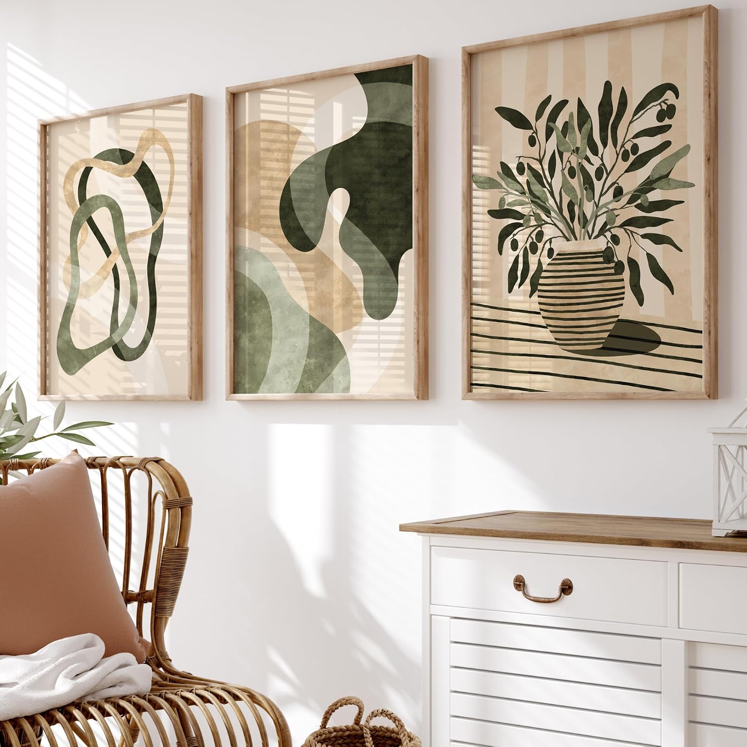 Set of 3 Sage Green Abstract Wall Art Prints, A3 Modern Neutral Botanical & Geometric Gallery Wall Set – Earthy Tones (Olive, Sand, Cream) – 250gsm Premium Paper – Unframed