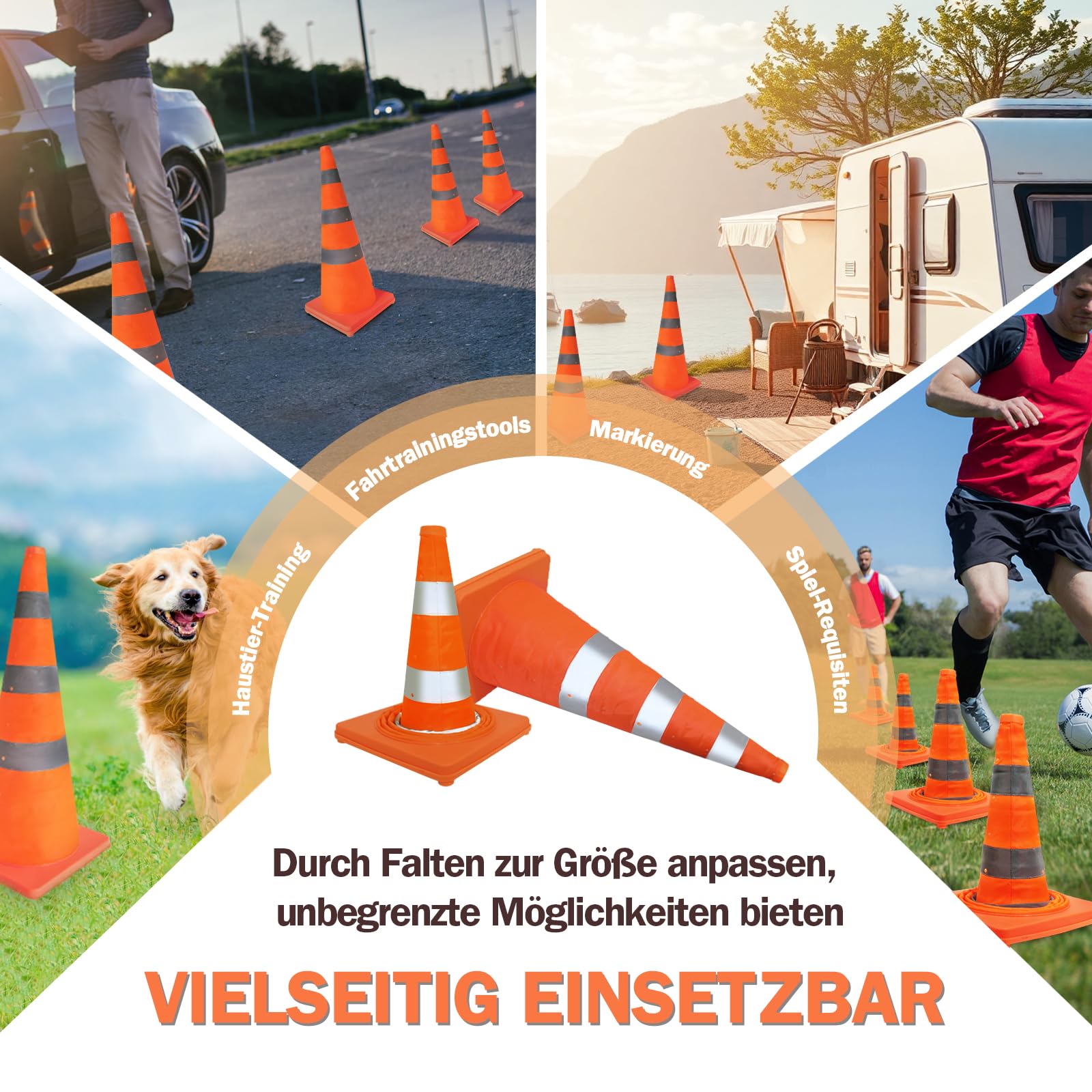 Valchoose 4 Stück Pylonen Faltbar, Verkehrskegel (70 cm) mit Reflektierenden Kragen – Orange Leitkegel Faltbar, Verkehrshütchen für Baustellen, Parkplätze & Sportmarkierungen