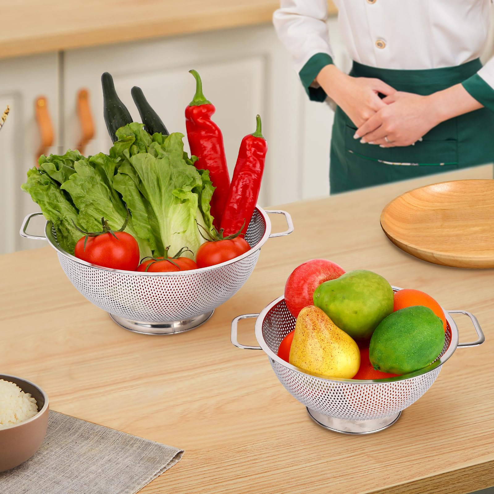 2 scolapasta per cucina, 0,9 e 1,5 l, in acciaio inox, con manico, per frutta, verdura, cottura alimenti, lavabile in lavastoviglie