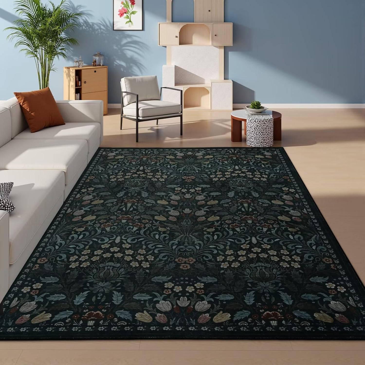 Vasofe 3x5 Rug for Bedroom,Washable Rugs for Living Room, Entryway, Non Slip Indoor Mat, Botanical Mats for Nrusery, Farmhouse, Dorm, Low Pile Soft Modern Throw Carpet, Black&Flower