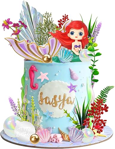 Decoración de pastel de sirena bajo el mar, cola de sirena, plantas artificiales de agua con bola de perlas para niñas y niños, fiesta de