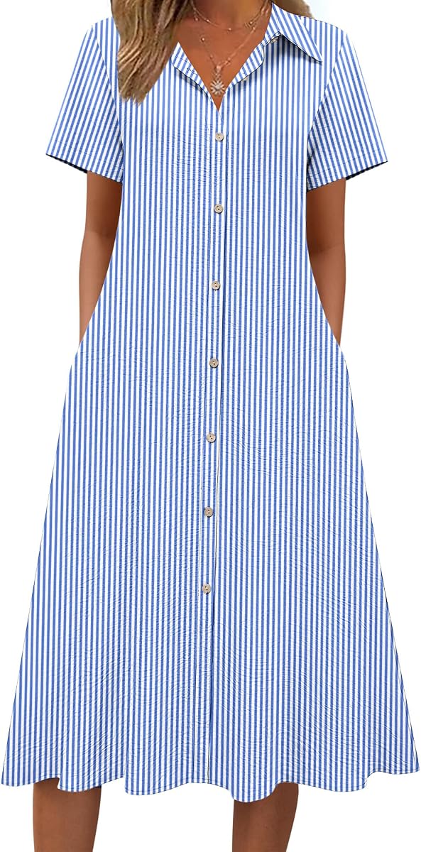 Zeagoo Summer Dresses for Women 2026 Button Down Shirt Dresses Aline Long Sundress Short Sleeve Beach Travel Cover Up