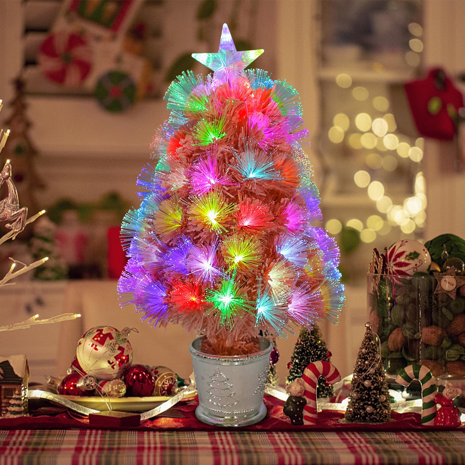 VEYLIN Albero di Natale in fibra ottica da 2 piedi, piccolo albero di Natale per decorazione di casa e ufficio (Rosa)