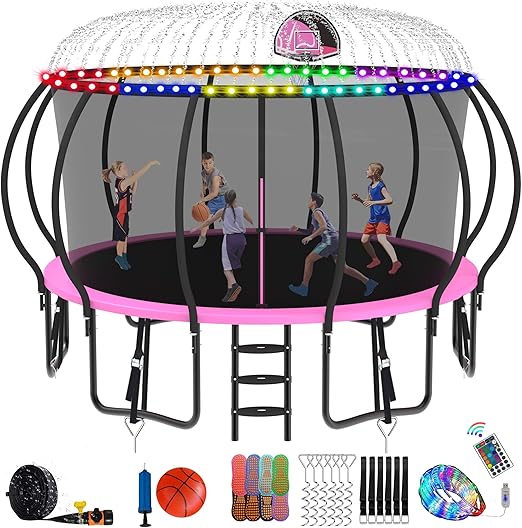 DeepRoar Tranpoline 8/10/12/14/15/16FT Pumpkin Tranpoline for Kids, Heavy Duty Outdoor Tranpolines with Basketball Hoop, Safety Enclosure Net, Light, Sprinkler, Socks, ASTM Approved