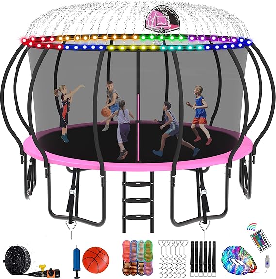 DeepRoar Tranpoline 8/10/12/14/15/16FT Pumpkin Tranpoline for Kids, Heavy Duty Outdoor Tranpolines with Basketball Hoop, Safety Enclosure Net, Light, Sprinkler, Socks, ASTM Approved