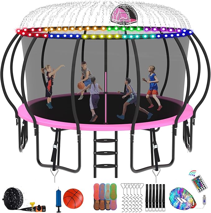 DeepRoar Tranpoline 8/10/12/14/15/16FT Pumpkin Tranpoline for Kids, Heavy Duty Outdoor Tranpolines with Basketball Hoop, Safety Enclosure Net, Light, Sprinkler, Socks, ASTM Approved