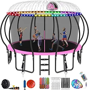 DeepRoar Tranpoline 8/10/12/14/15/16FT Pumpkin Tranpoline for Kids, Heavy Duty Outdoor Tranpolines with Basketball Hoop, Safety Enclosure Net, Light, Sprinkler, Socks, ASTM Approved