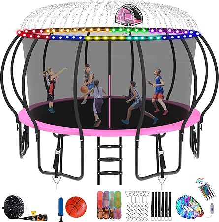 DeepRoar Tranpoline 8/10/12/14/15/16FT Pumpkin Tranpoline for Kids, Heavy Duty Outdoor Tranpolines with Basketball Hoop, Safety Enclosure Net, Light, Sprinkler, Socks, ASTM Approved
