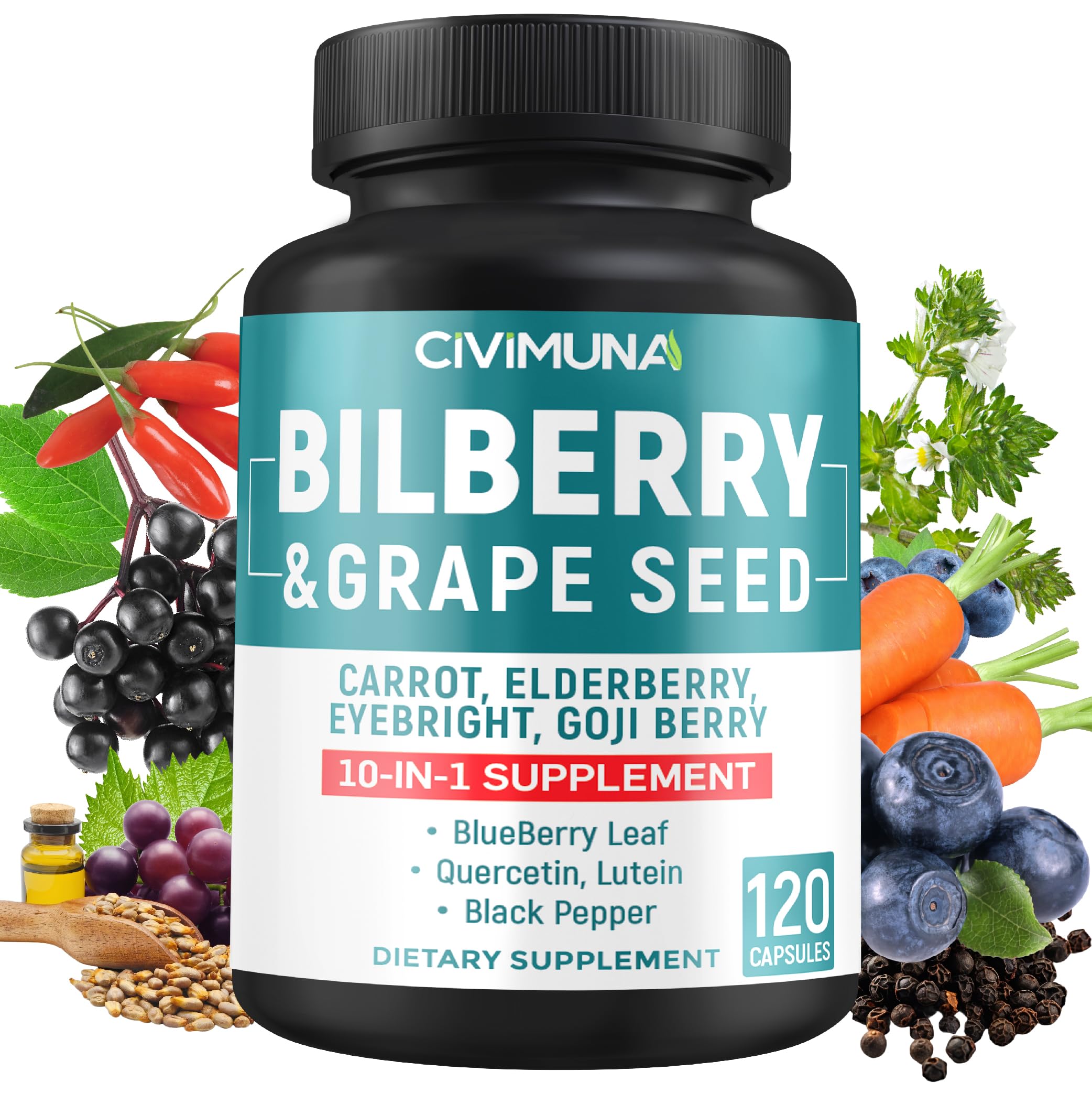 Bilberry Extract Capsules with Grape Seed, Carrot, Elderberry, Eyebright, Goji Berry and More - 120 Capsules for 4 Months Supply