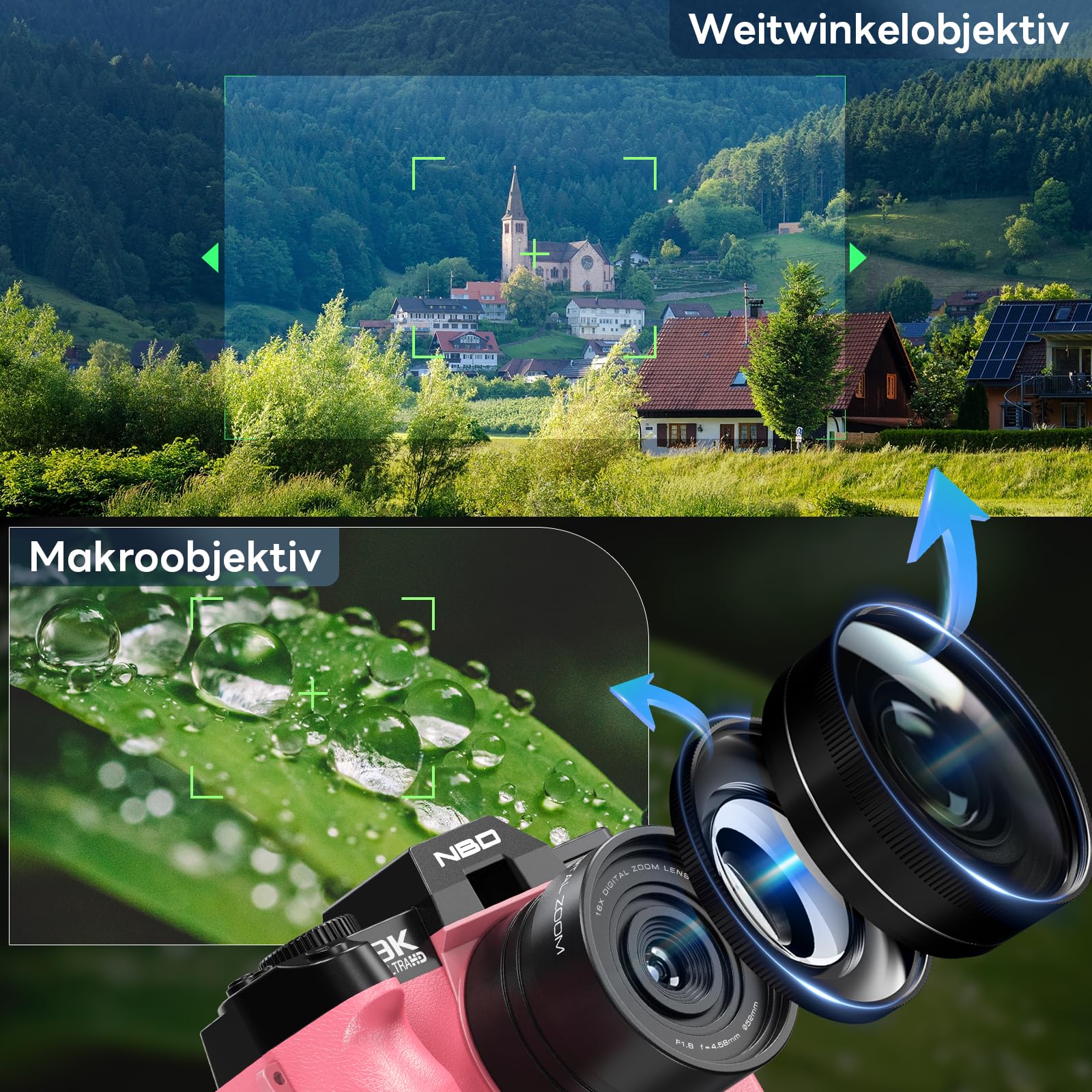 NBD 8K Digitalkamera 64MP Autofokus 16X Zoom 3" 180° Klappdisplay WiFi Weitwinkel Makro Linse 2 Akkus 64GB Karte Mikrofon Rosa