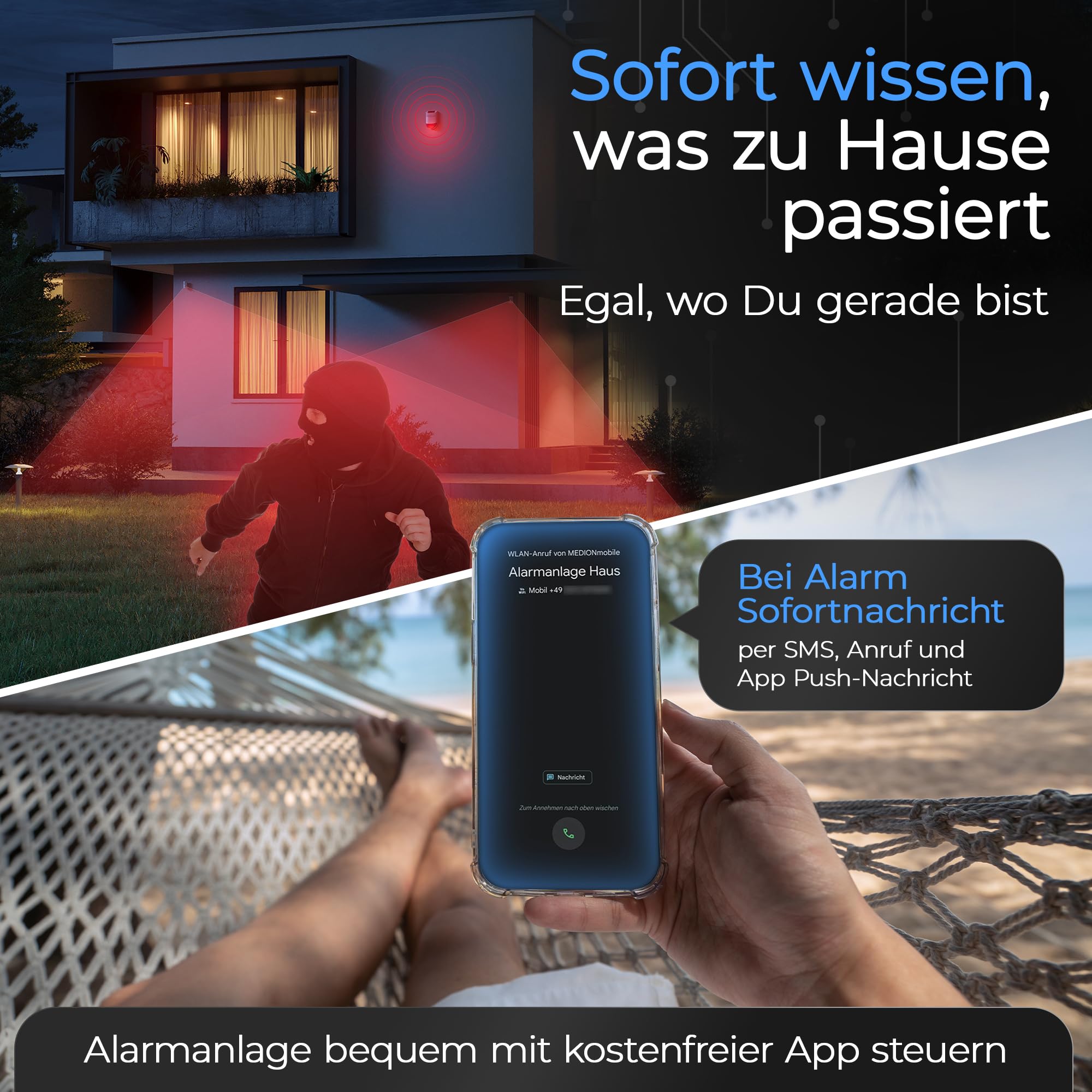 Safe2Home® SP210 WLAN Funk Alarmanlage Set kabellose Smart Home Alarmanlage mit App-Steuerung/SMS Anruf Funktion – inklusive Sensoren und Zubehör
