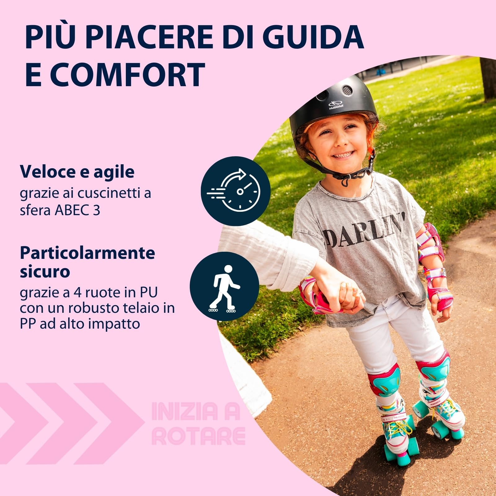 HUDORA Pattini a rotelle Wonders regolabili su 4 misure per bambini fino a 60kg in nylon