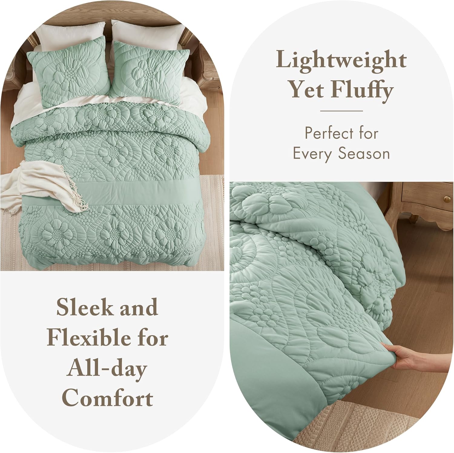 Madison Park Floral Jersey Comforter Set, Puffy Cloud Twin Size Comforters Crinkled Farmhouse Rustic Shabby Chic Bedding Set, Ultra-Soft All Season Down Alternative, Sage Green 2-Piece