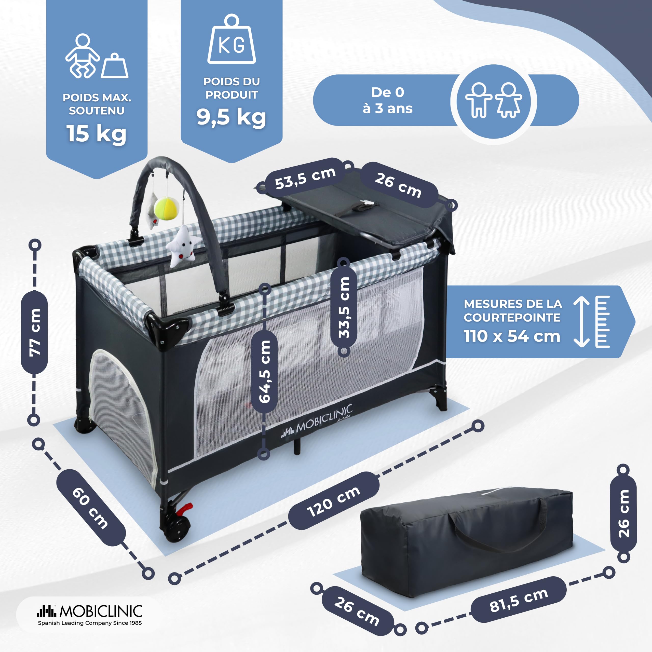 Mobiclinic®, 3 en 1 lit Parapluie bébé, De Voyage à 2 Niveaux, Table Lange, Parc Berceau, Entrée latérale, Sac Transport, Caelum, Roues avec Frein, Max.15 kg, Poche Rangement