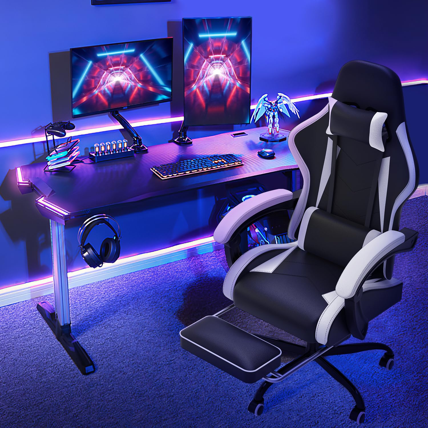 Devoko Sedia da Gaming Massaggiante con Poggiapiedi Telescopico, Sedia Gamer con Cuscino Lombare & Poggiatesta, Ergonomico Sedia da Ufficio Schienale Regolabile 90-135°, Portata 150 kg (Bianca)