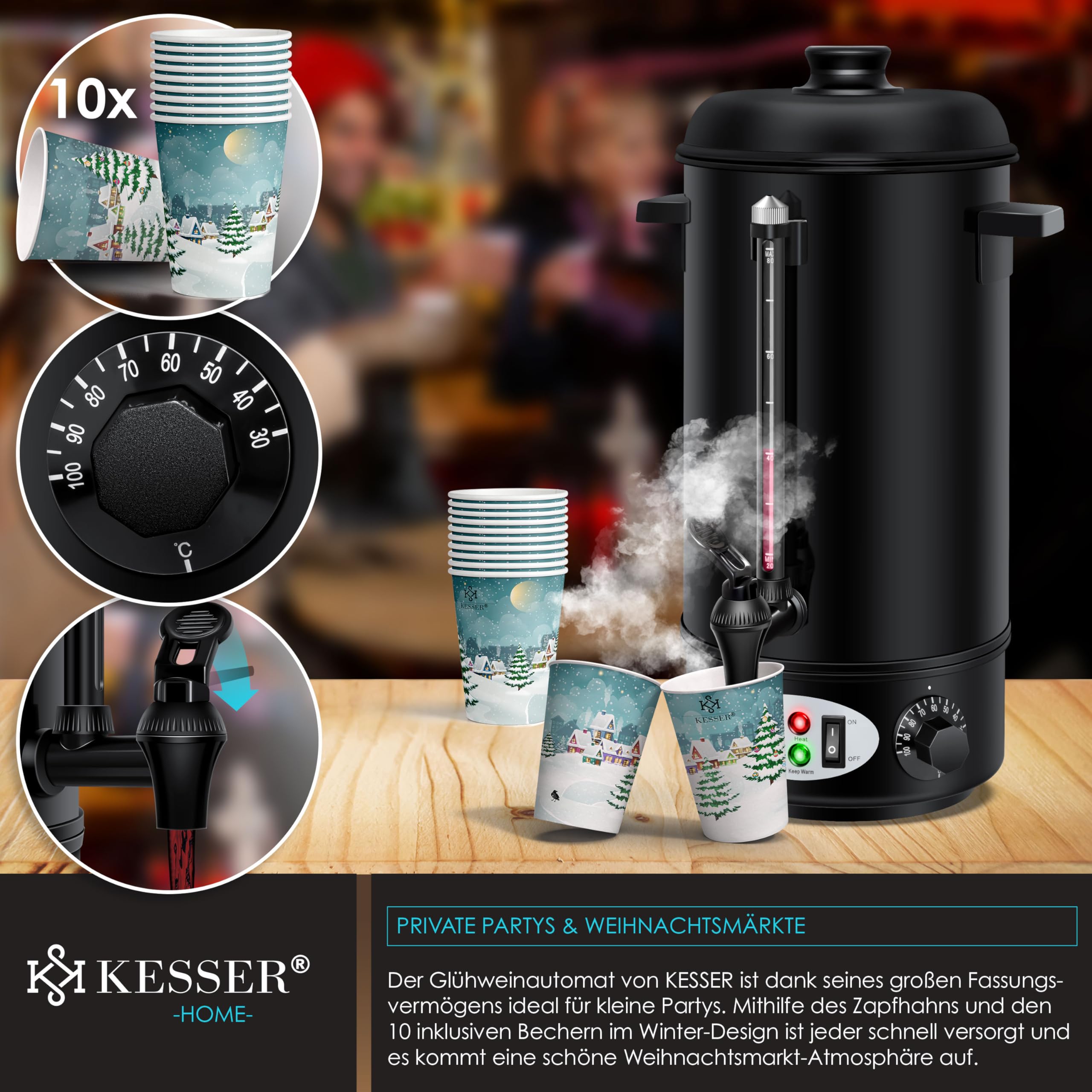 KESSER® Glühweinkessel 6,8/10/20/30L Edelstahl Inkl. Becher