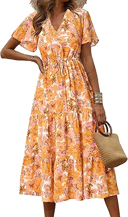 PRETTYGARDEN Summer Floral Dress for Women 2025 Casual Boho Short Sleeve Maxi Dresses V Neck Tiered Flowy Beach Sundress
