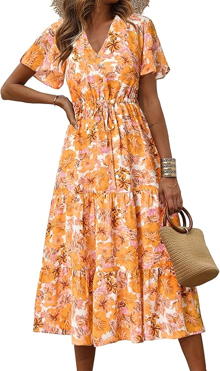 PRETTYGARDEN Summer Floral Dress for Women 2025 Casual Boho Short Sleeve Maxi Dresses V Neck Tiered Flowy Beach Sundress
