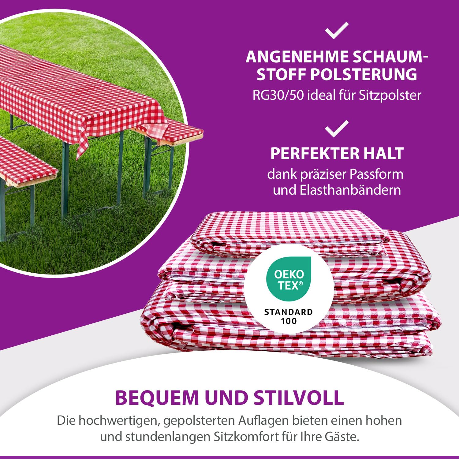 Set De 3 Coussins Pour Table à Bière : 1 Nappe + 2 Coussins Banc, Motif Losange Bavarois, Dimensions Table 70x220 Cm