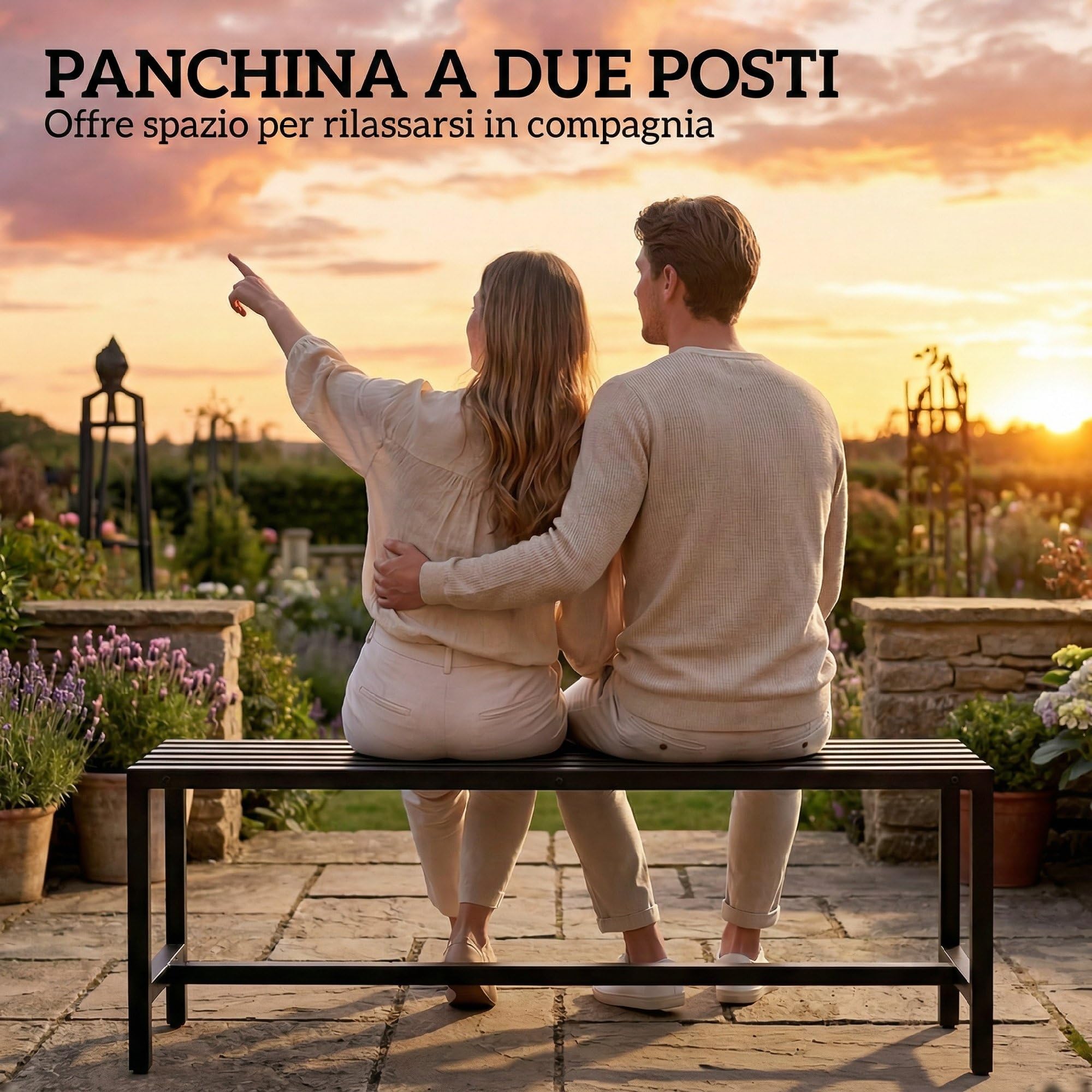 Outsunny Panchina da Esterno in Acciaio Zincato, Panchina da Giardino per 2 Persone, Seduta Senza Schienale con Piedini Regolabili, Design Industriale Moderno per Patio, Parco, Giardino, Nero