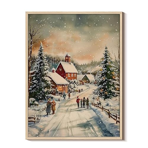 Vintage Winter Snowy Village Christmas Framed Canvas Wall Art, 12x16