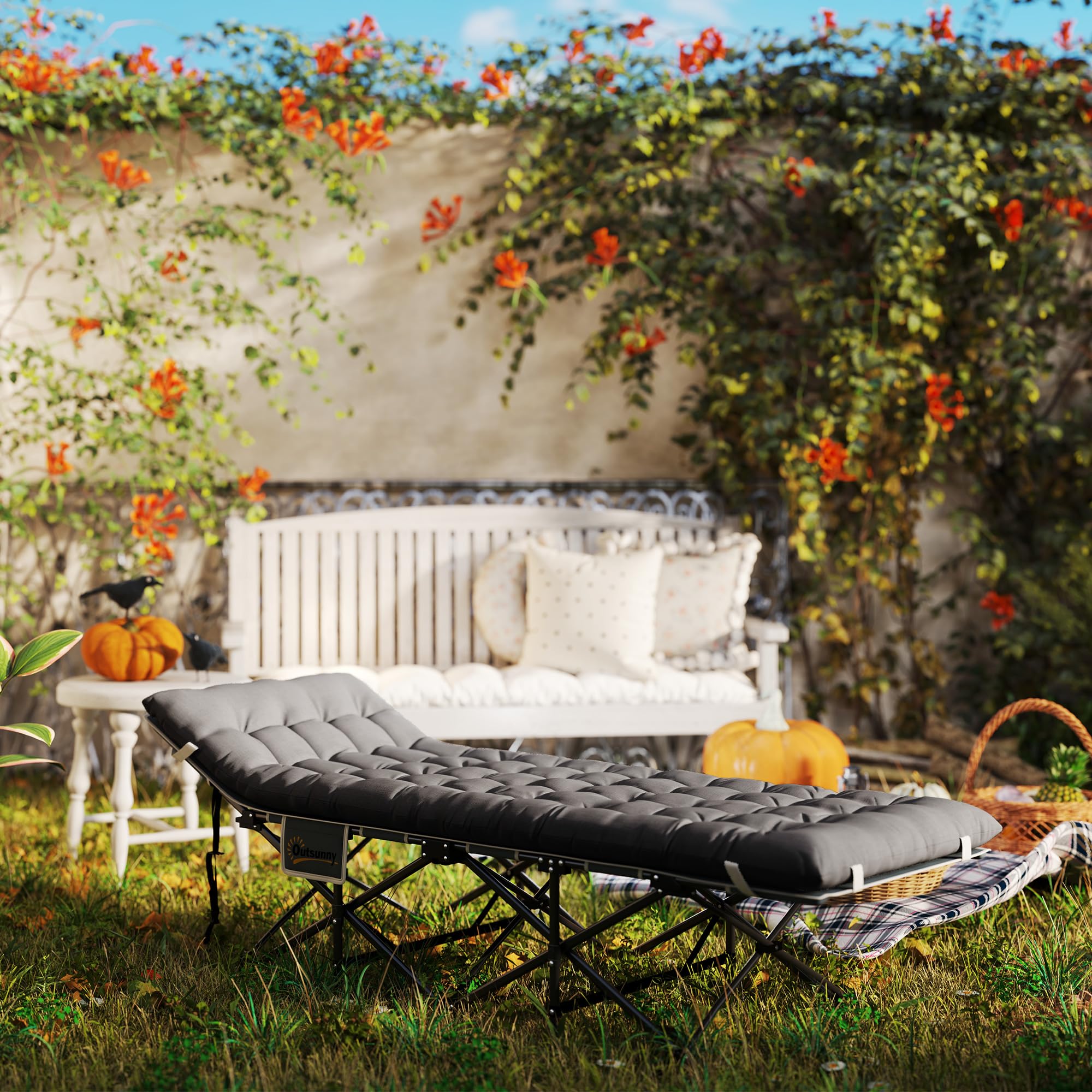 Outsunny Cama Plegable Camping Cama de Acampada Portátil Tumbona de Camping 600D con Reposacabezas Colchón Extraíble y Bolsa de Transporte Carga 150 kg para Playa Senderismo 186x68x37 cm