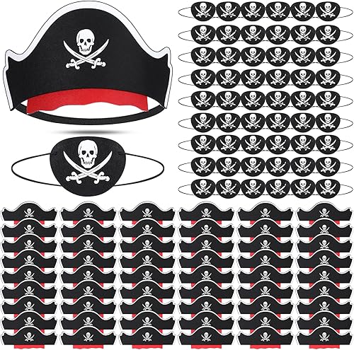 Juego clásico de 108 piezas de sombrero pirata de fieltro con sombreros impresos de calavera y parches para los ojos para disfraces de Halloween y