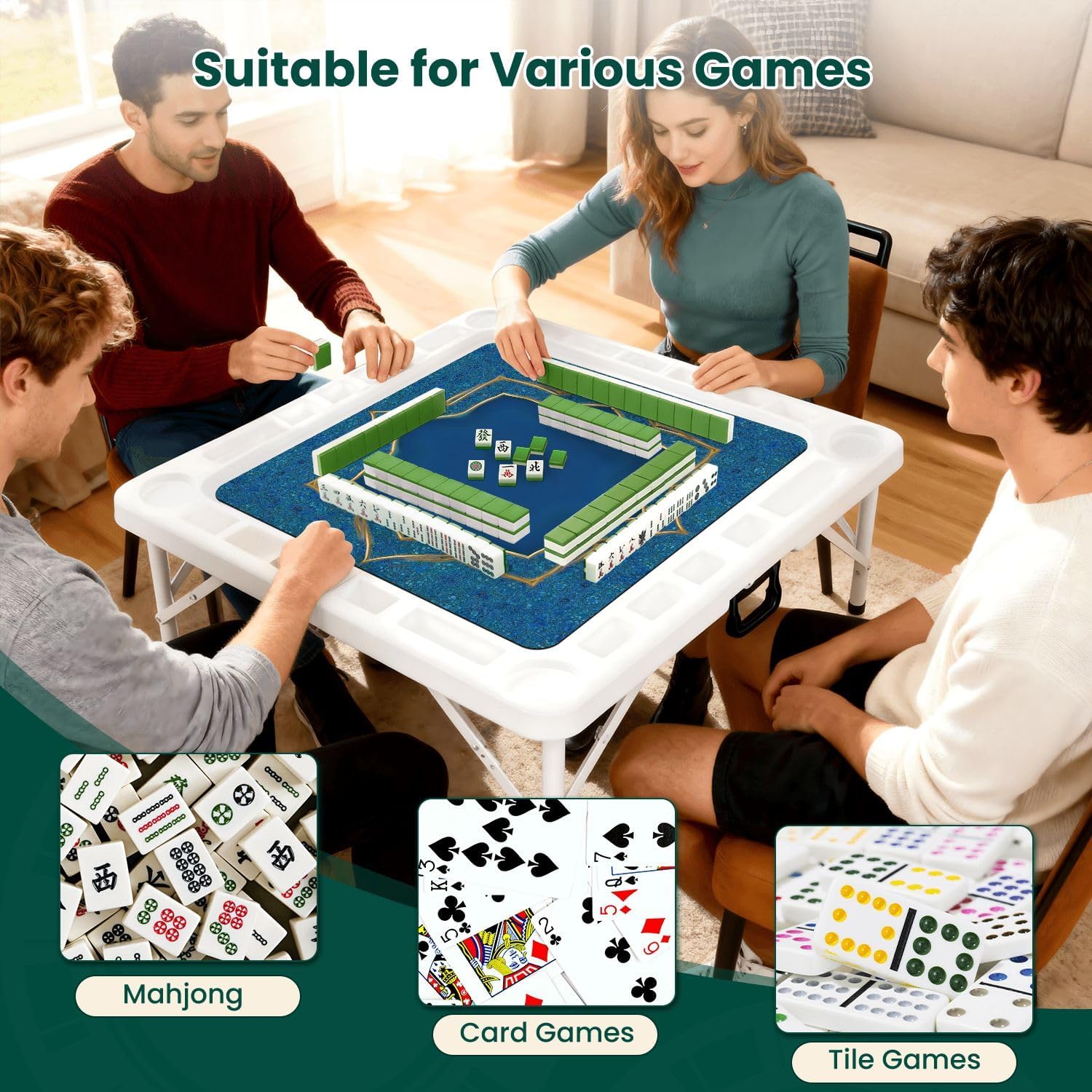 Folding Mahjong Table with Ornate Geometric Frame Gold Outline Deep Blue Textured Wear-Resistant Mahjong Mat, 4 Cup Holders & Chip Trays for 4 Players Square Portable Card Table for Poker Domino