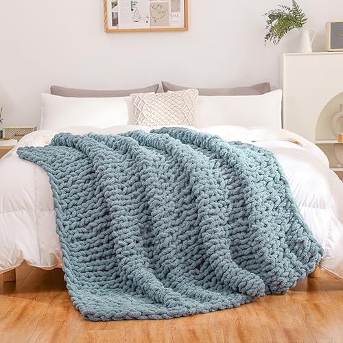 Miniatura 3 de WESHIONGOO Manta de punto grueso para sofá o cama, manta suave y esponjosa con hilo de felpilla jumbo grueso, 100% hecha a mano (azul polvoriento,