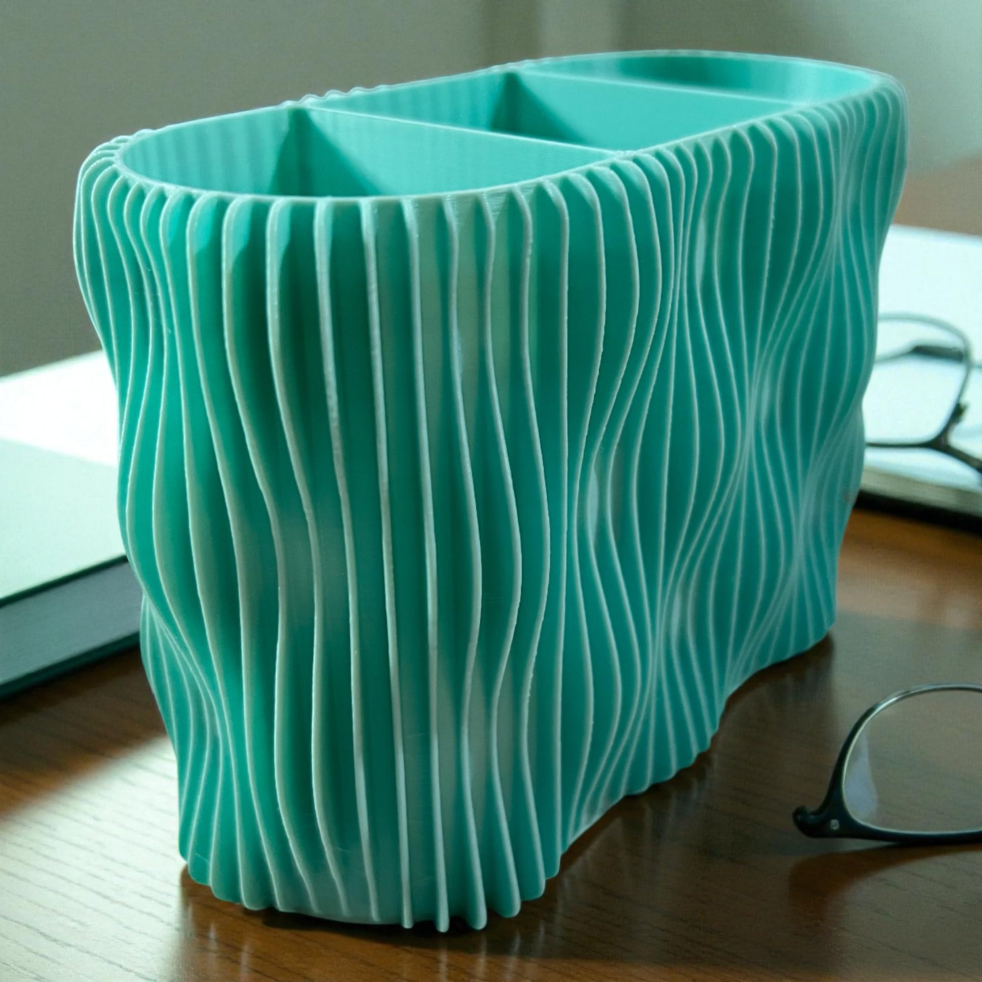 Sentosa Modern Wave Design Pen Stand Organizer - Multi-Compartment Desk Organizer for Office, Home & Study Table | Stylish Stationery Holder for Pens, Pencils, Scissors, Etc (Teal Blue) 2