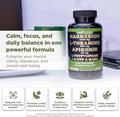 Miniatura 2 de Complejo de glicinato de magnesio 1000 mg con L-teanina 200 mg de apigenina 50 mg citrato malato taurato suplemento + manzanilla Ashwagandha 5-HTP,