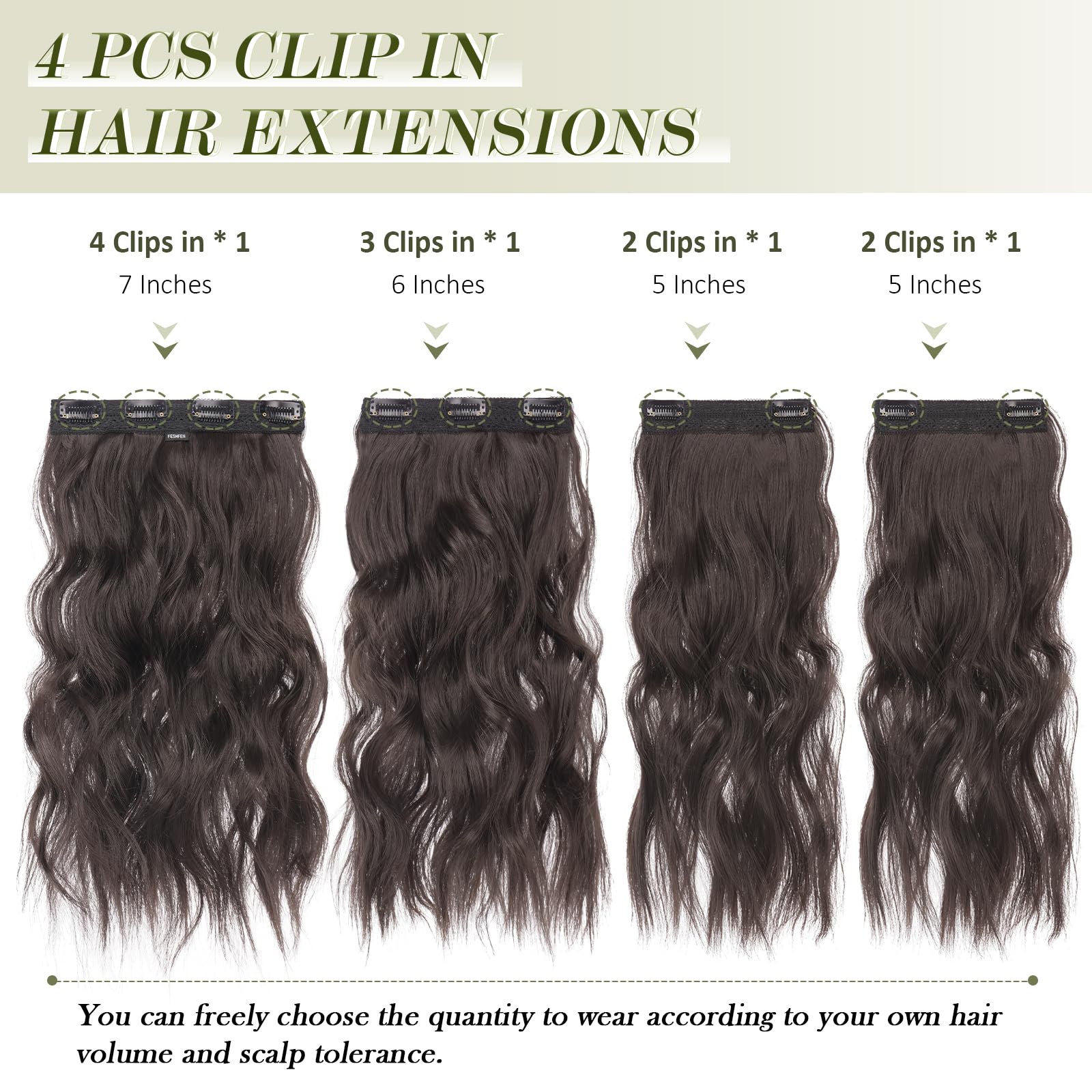 FESHFEN Clip in Hair Extensions 4PCs Long Wavy Thick Hair Piece Highlighted Full Head Synthetic Natural Curly Dark Brown Extension for Women 16 Inch - Image 2