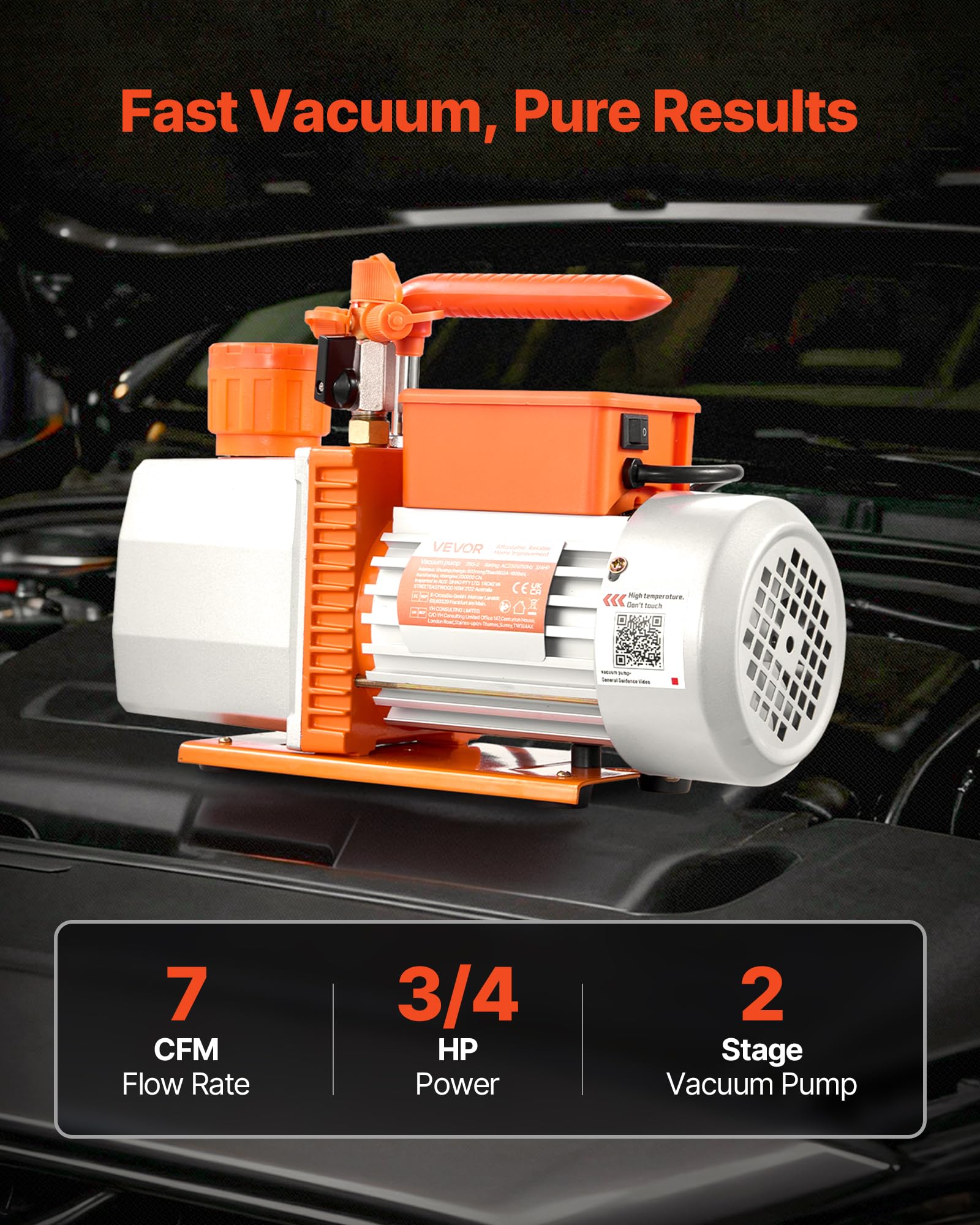 VEVOR Pompa próżniowa, 7 CFM 3/4 HP, HVAC dwustopniowa obrotowa pompa próżniowa AC, do R134a R22 R410a R1234YF R32, silnik 4-biegunowy, do konserwacji klimatyzatorów samochodowych, odgazowywanie